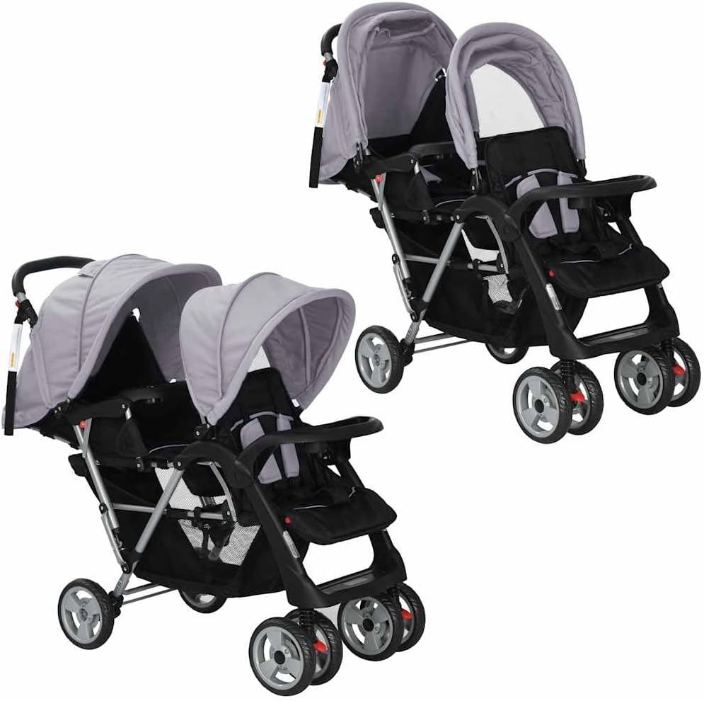 vidaXL Cochecito de bebé Doble 2 Bebés Acero Tela Gris Negro Gemelos miniatura 2