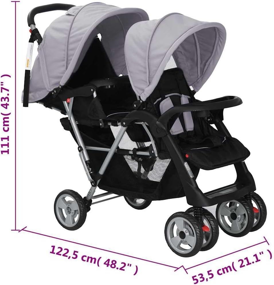 vidaXL Cochecito de bebé Doble 2 Bebés Acero Tela Gris Negro Gemelos miniatura 3
