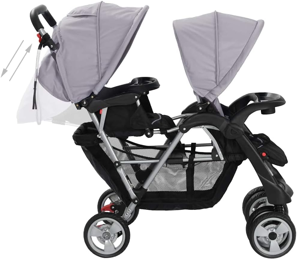 vidaXL Cochecito de bebé Doble 2 Bebés Acero Tela Gris Negro Gemelos miniatura 4