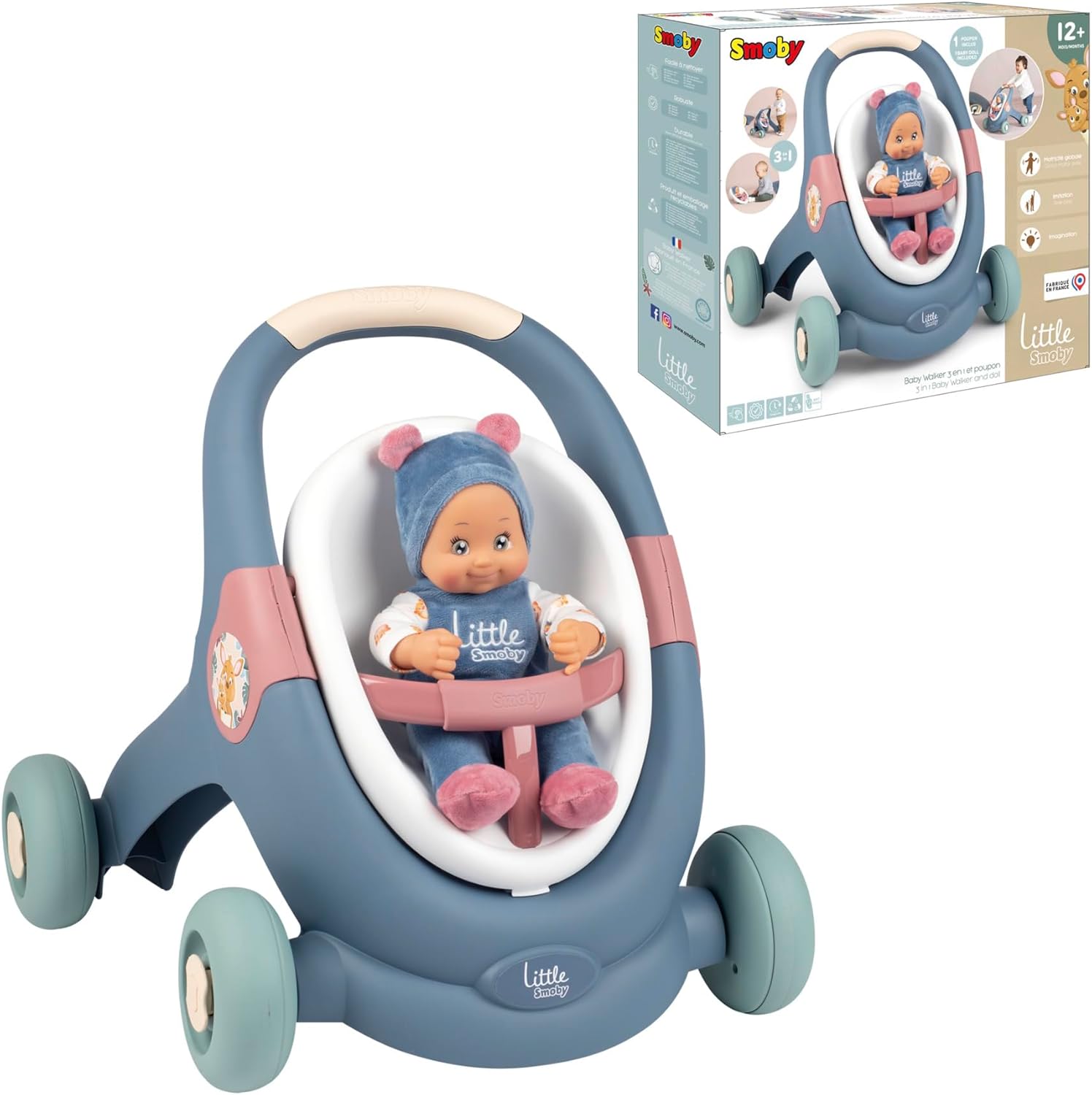 Smoby Cochecito de bebé - Little Smoby Andador 3-en-1 Muñeco 30cm