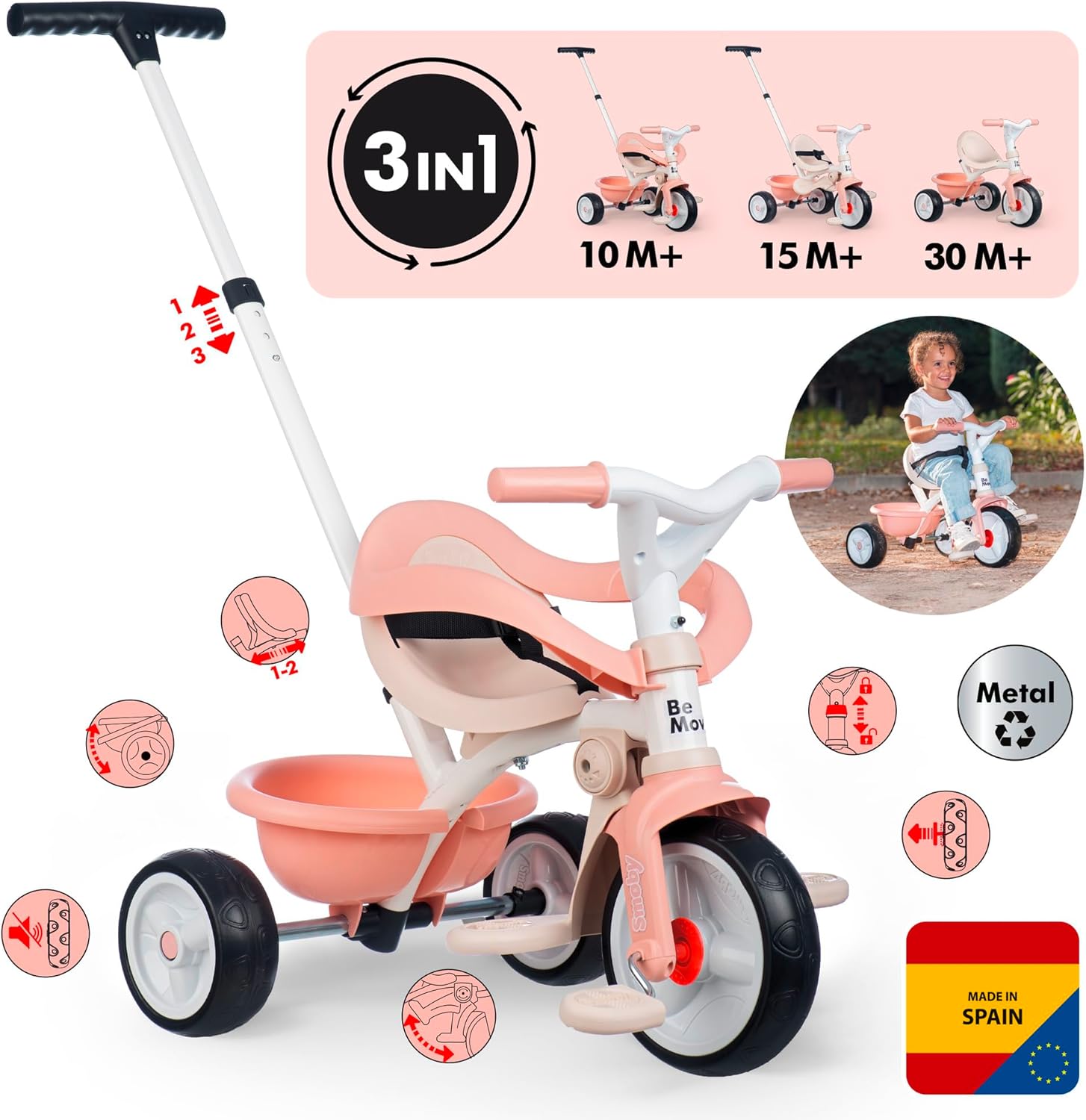 Smoby Cochecito de bebé Triciclo Be Move Confort Rosa miniatura 3