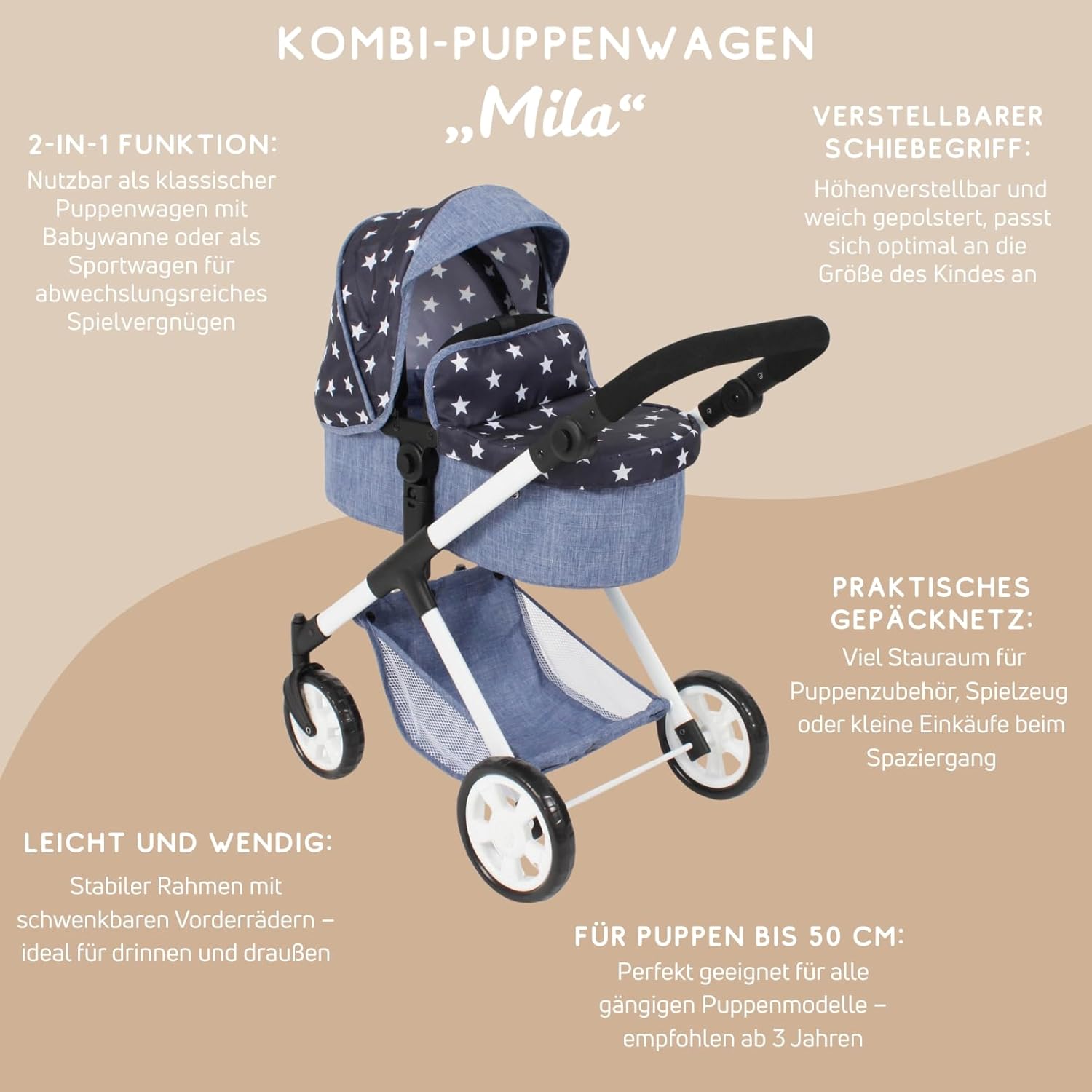 Bayer Chic 2000 Cochecito de bebé muñecas Mila 2 en 1 miniatura 3