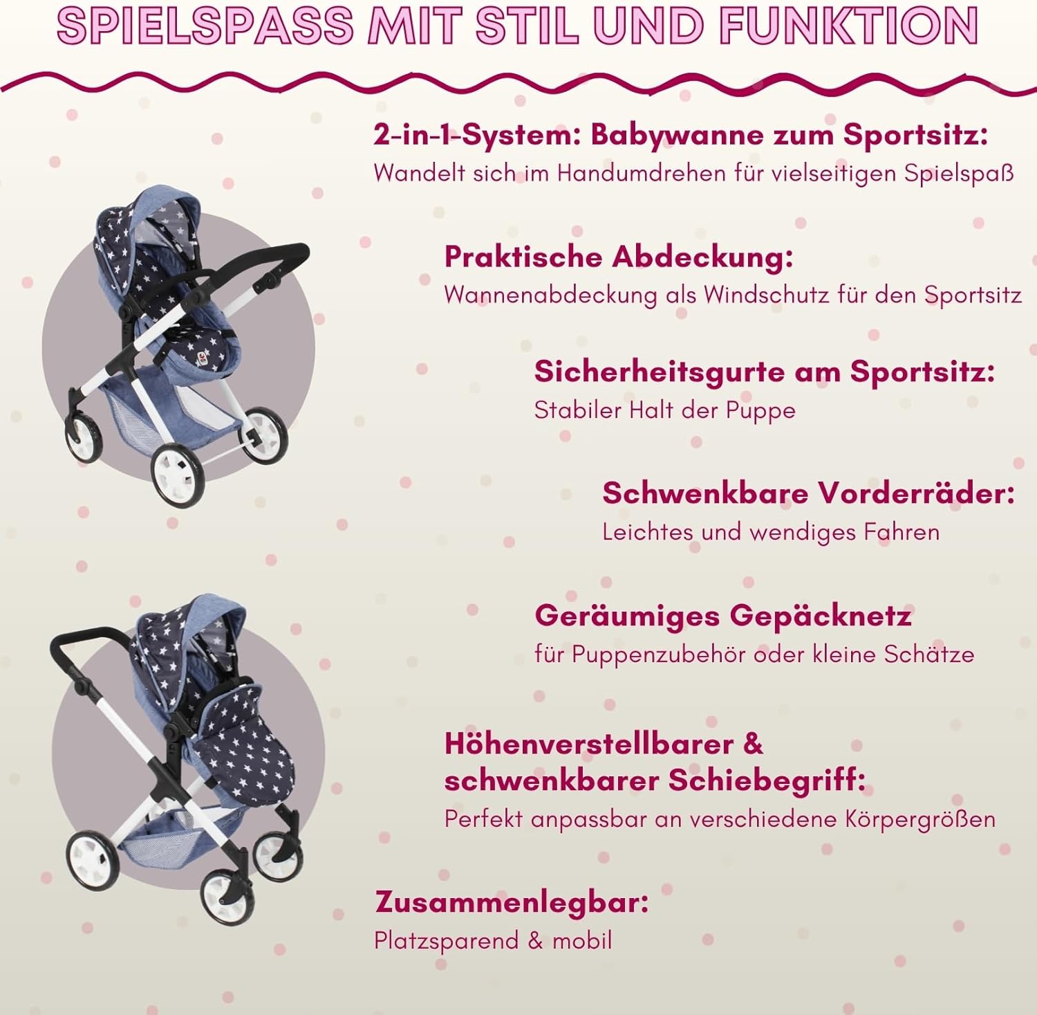 Bayer Chic 2000 Cochecito de bebé muñecas Mila 2 en 1 miniatura 4